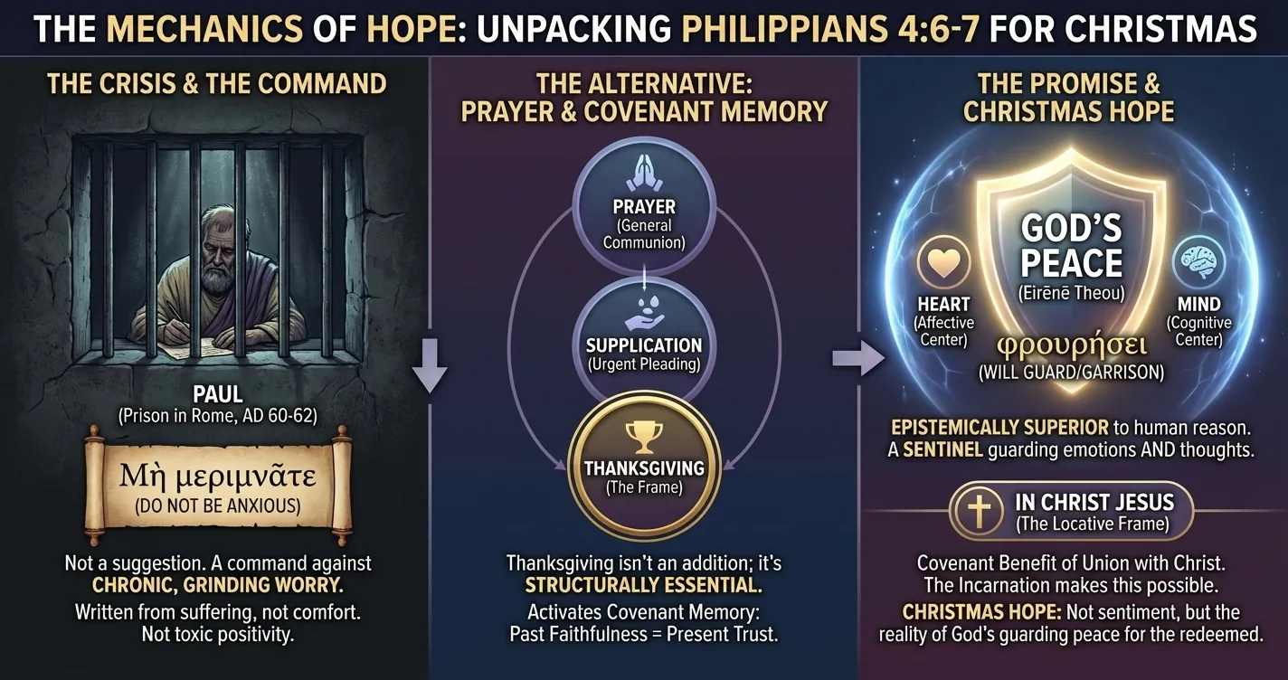 Paul behind prison bars, diagram of Prayer→Supplication→Thanksgiving and shield labeled 'God's Peace' guarding heart and mind