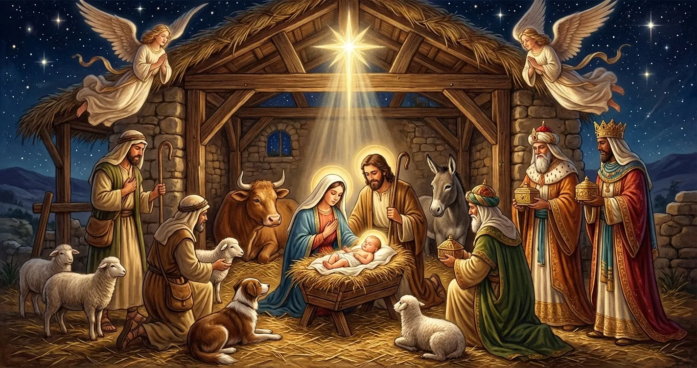 Nativity: baby Jesus in a straw manger with Mary and Joseph, shepherds, sheep and cow, three Magi, angels and a bright star.
