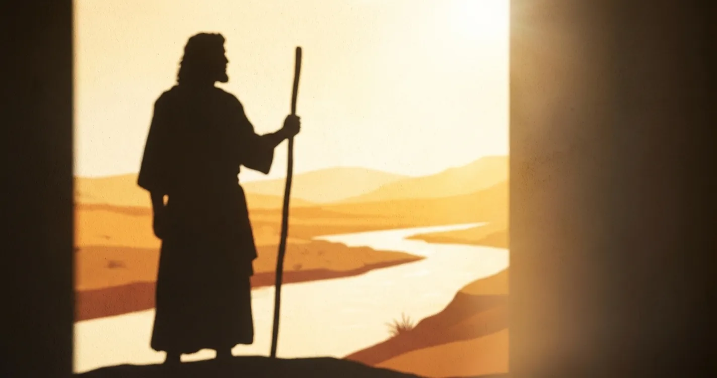 Silhouette of a robed man holding a staff, standing by a winding river in golden desert light, framed by dark doorway.