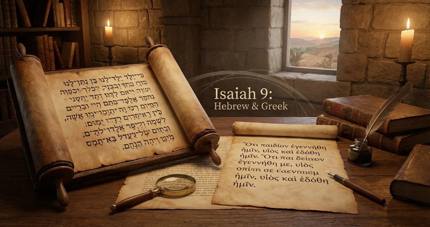 Hebrew scroll left and Greek parchment right on wooden desk with magnifier, quill, ink, candles; Isaiah 9: Hebrew & Greek