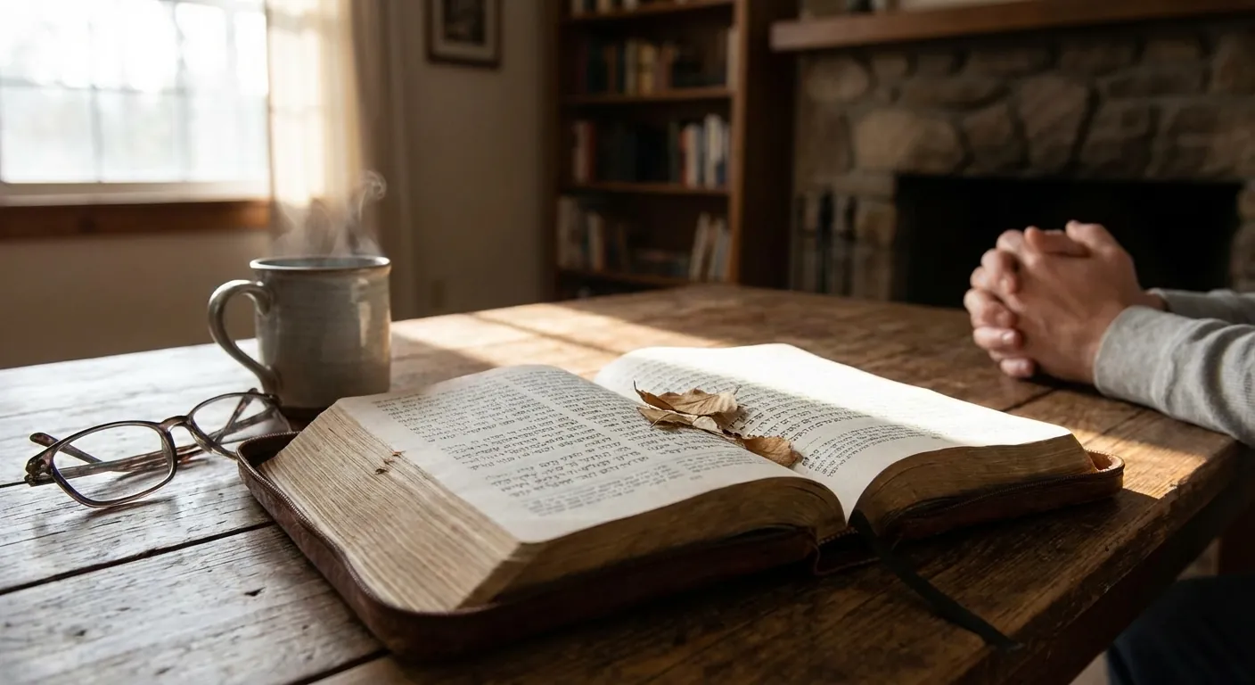 Open Bible with dried leaves on its pages on a sunlit wooden table, nearby glasses, steaming mug, and clasped hands.