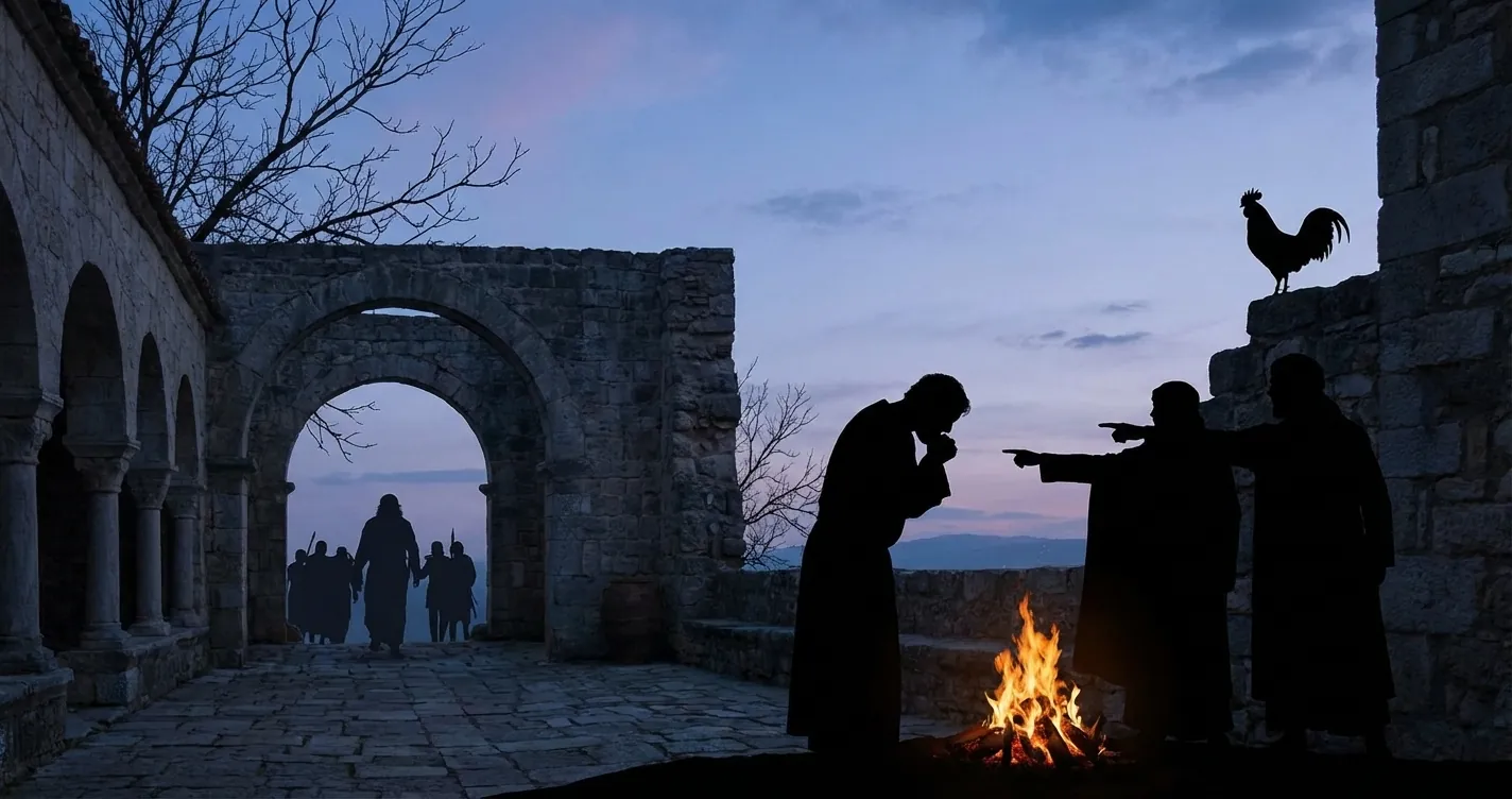 Silhouetted man covering his face by a small fire as two others point, rooster on wall, figures approach through stone arch