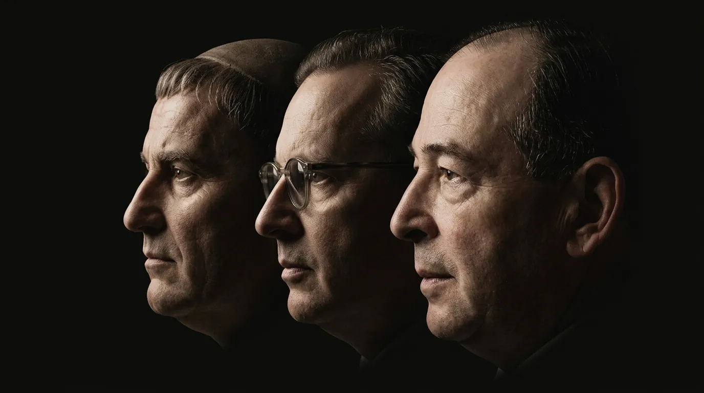 Three apologists in profile view against a dark background, facing right, representing distinct schools of apologetic thought