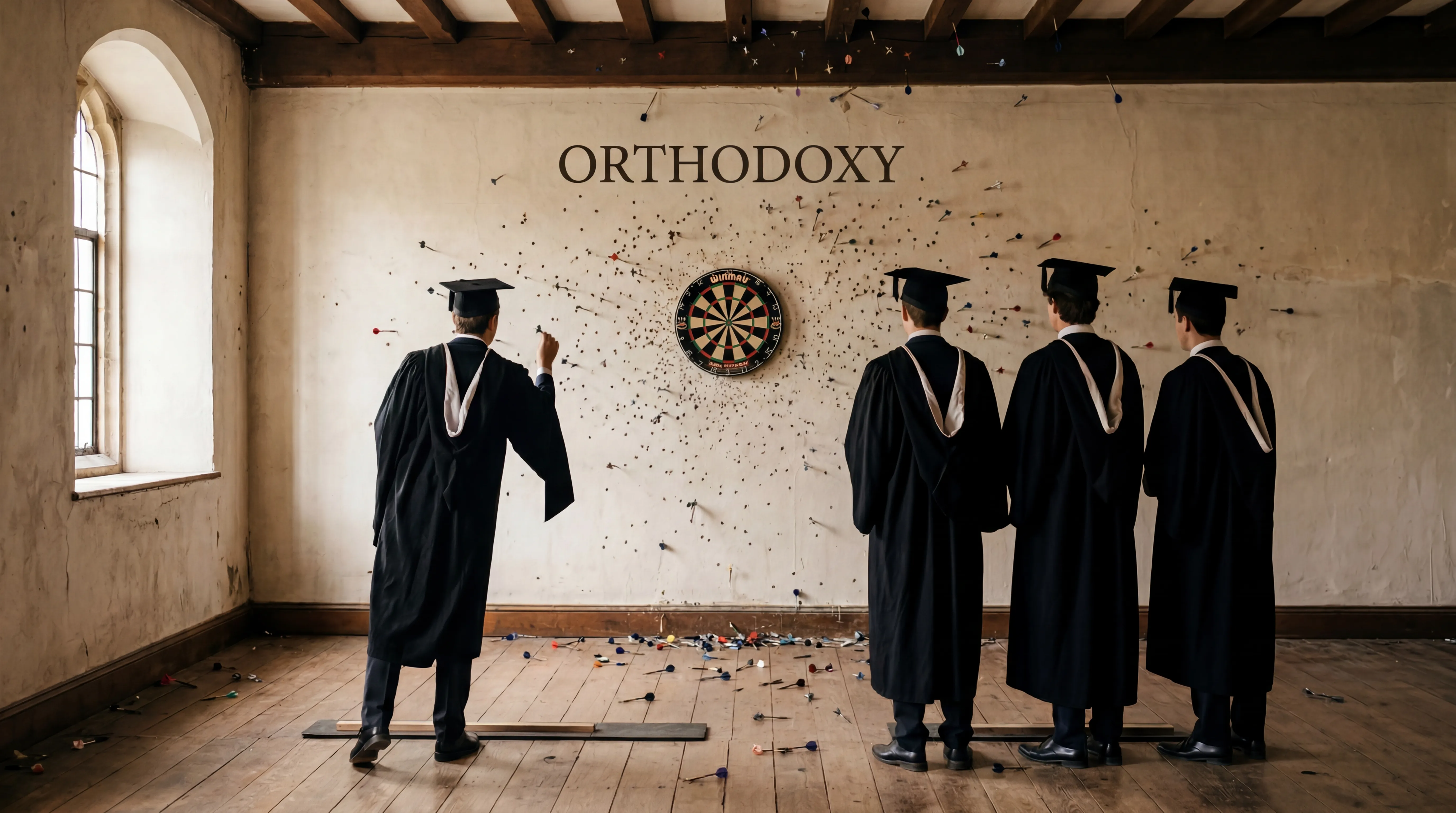 Scholars in graduation robes throwing darts at a dartboard labeled Orthodoxy on a plaster wall