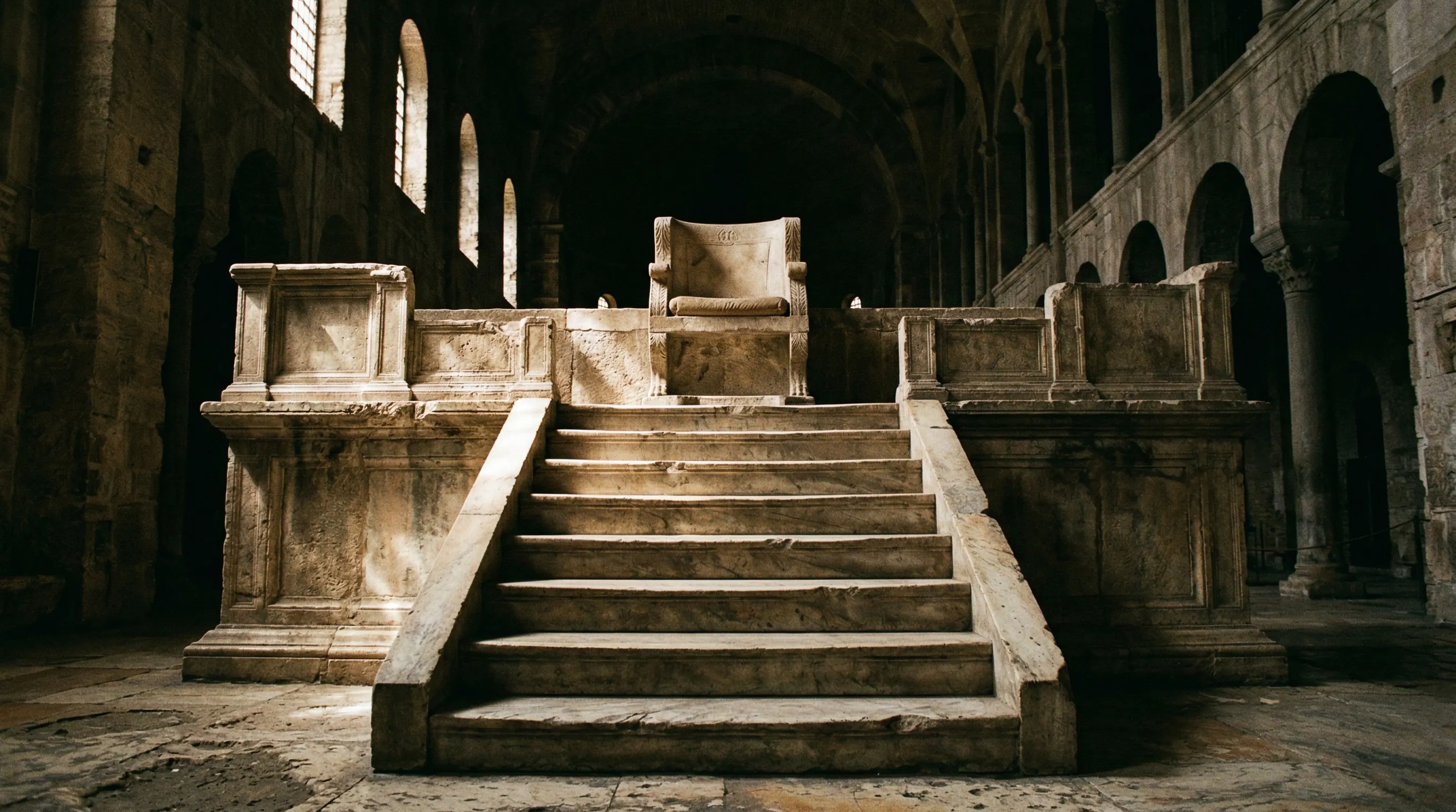 An ancient stone episcopal throne atop wide steps inside a dimly lit Romanesque cathedral with arched windows.