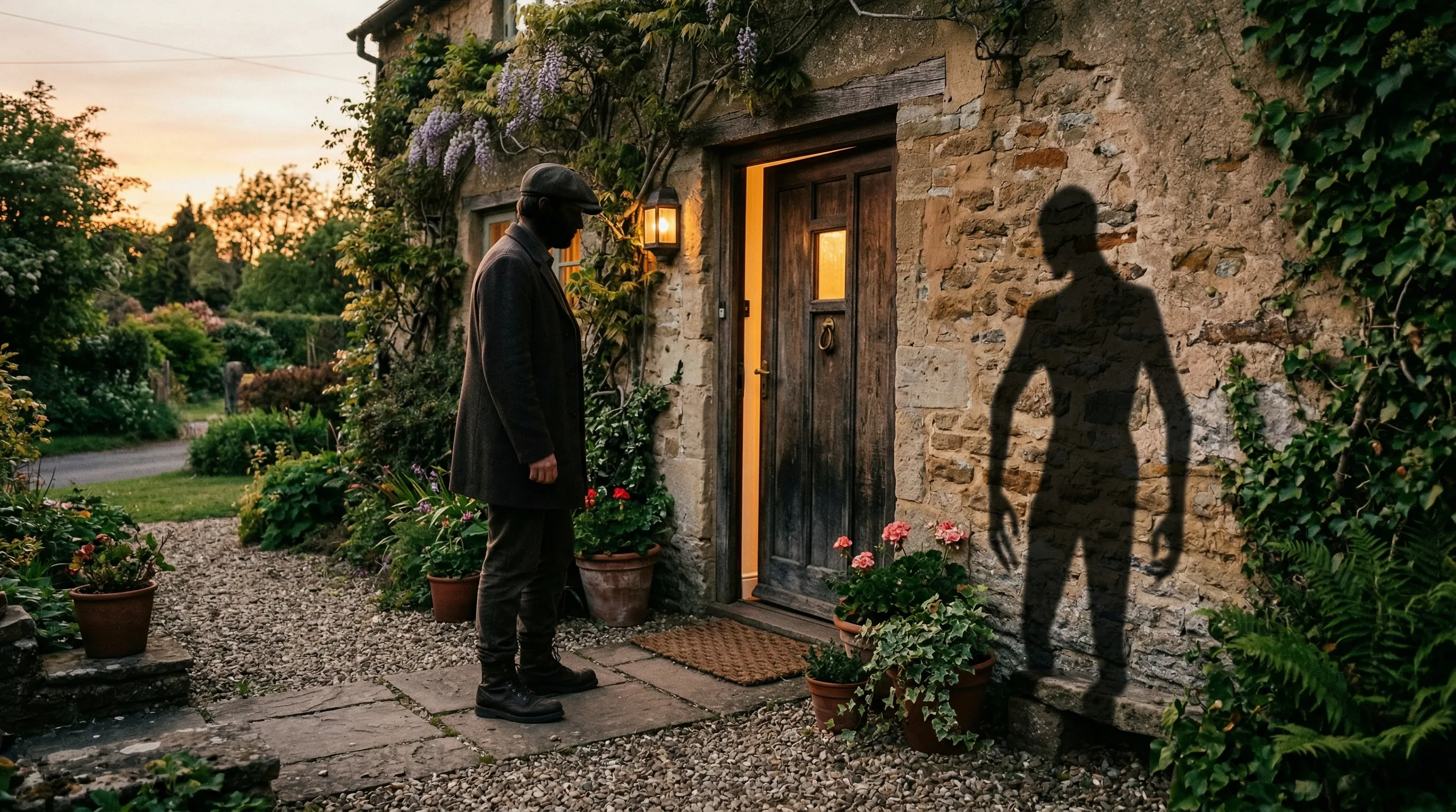 A man standing at the open wooden doorway of a stone cottage at dusk, his twisted shadow cast sharply on the ivy-covered wall.