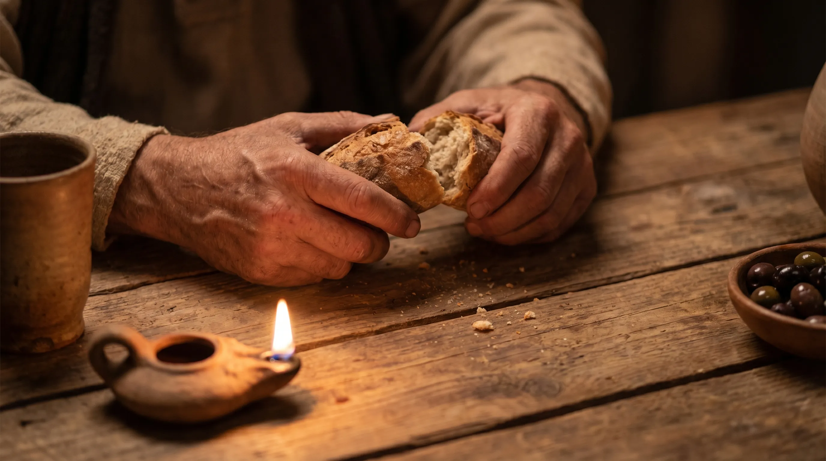 Weathered hands breaking bread over a rough wooden table lit by a small clay oil lamp, with a cup and a bowl of olives nearby.