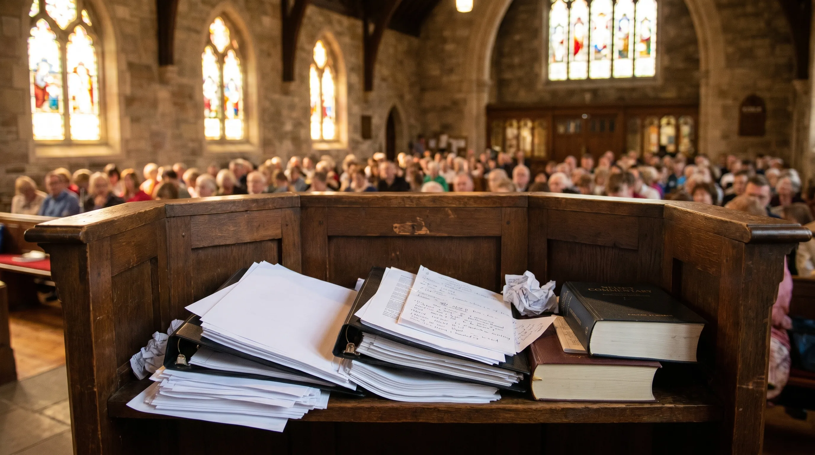 Wooden pulpit with stacked sermon notes and a Bible, a seated congregation and stained glass windows beyond in a stone church.