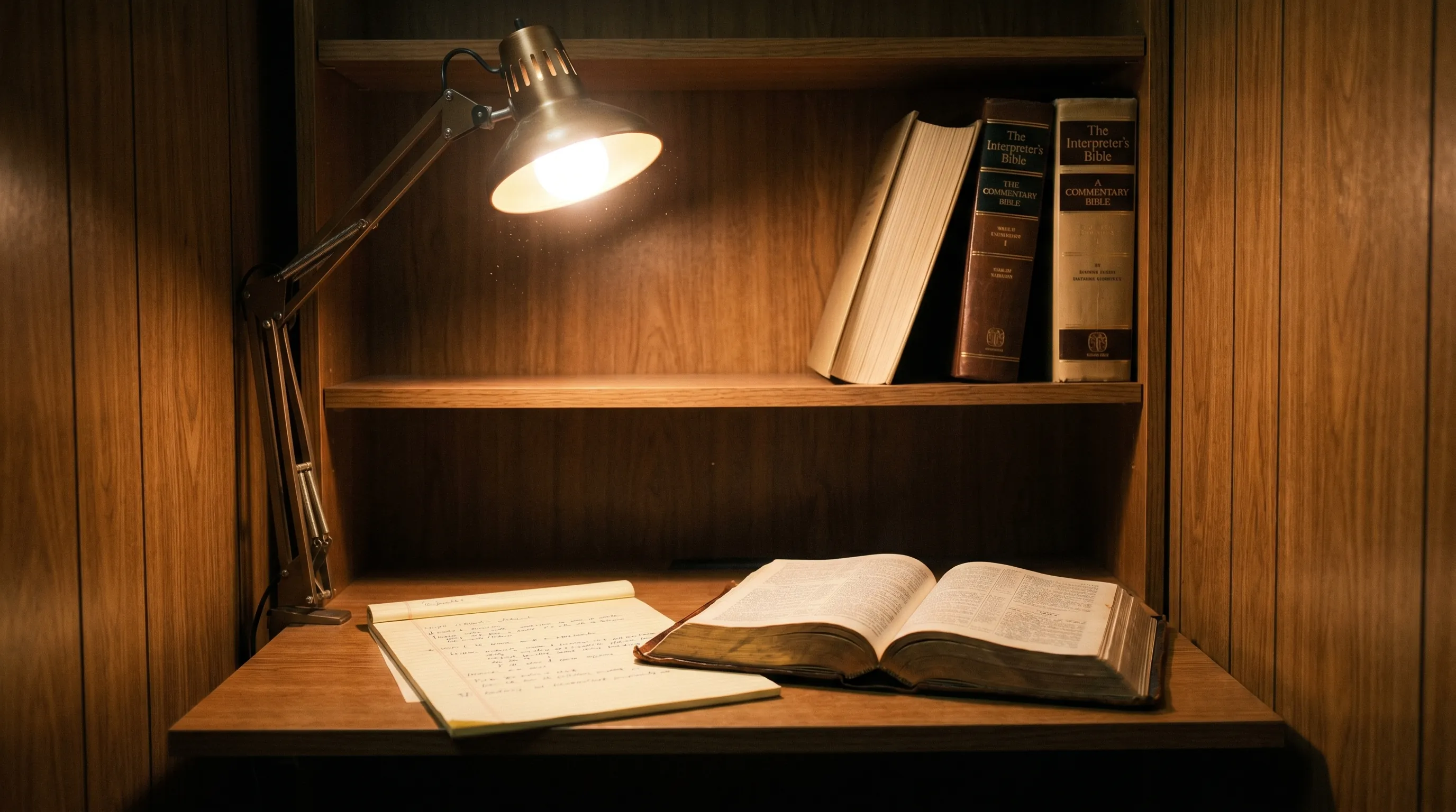 Open Bible on a wooden desk beside a notebook of handwritten notes, lit by a desk lamp, commentary volumes on the shelf above.