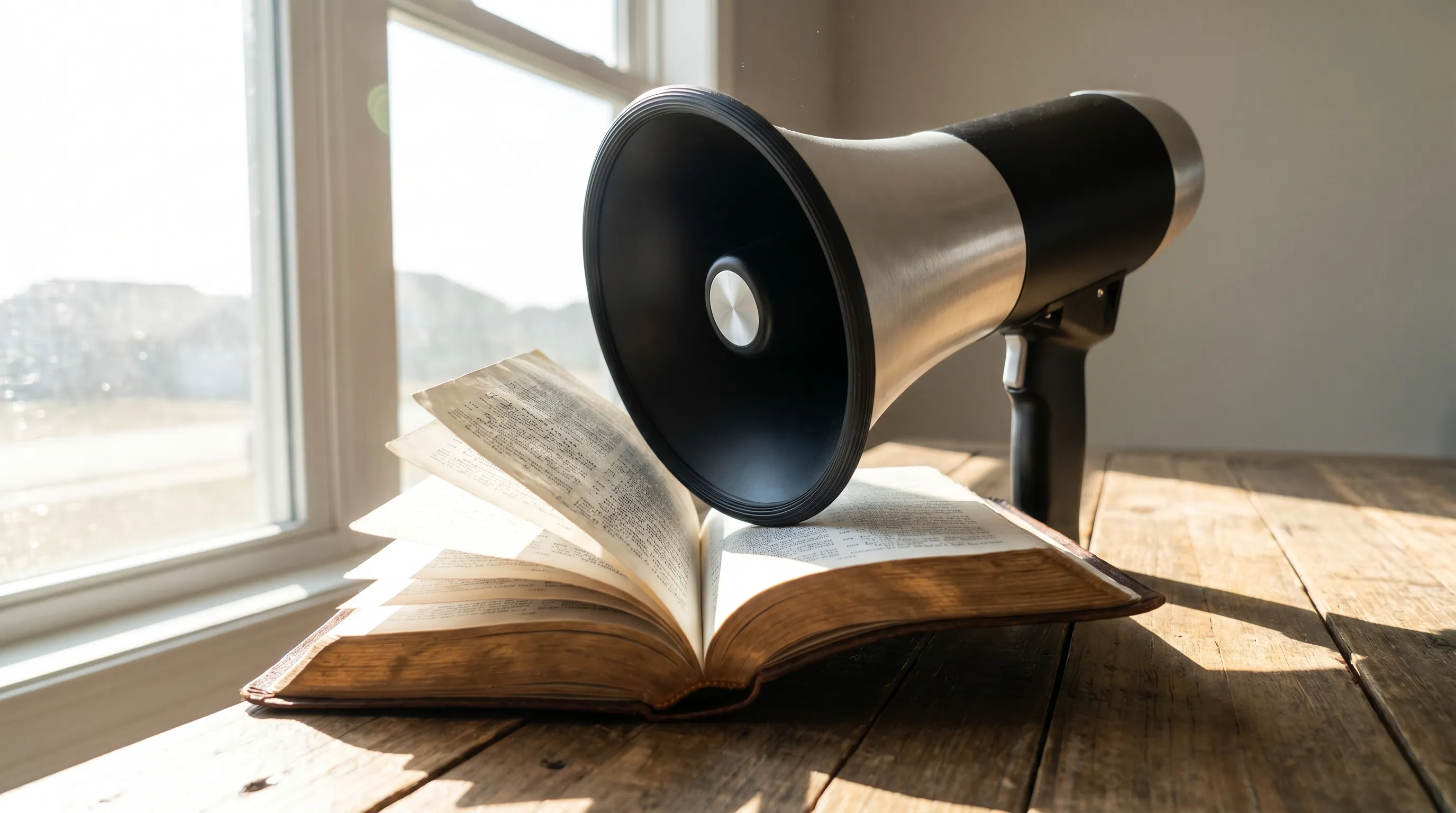A black and silver megaphone resting on the open pages of a Bible on a wooden table beside a sunlit window.