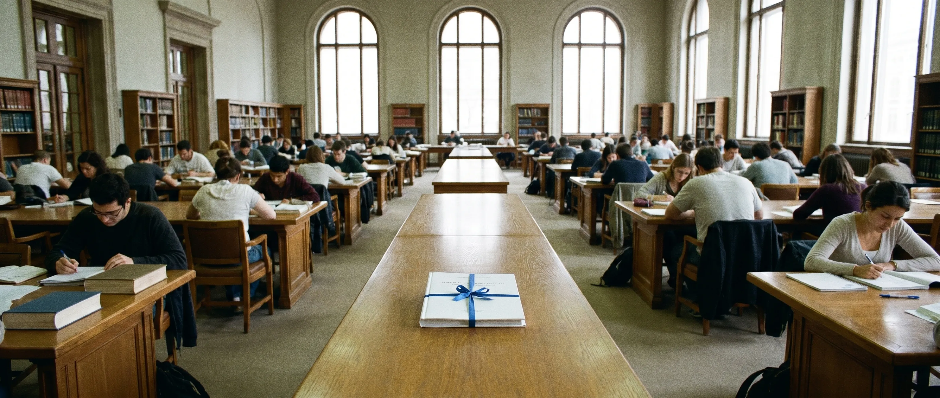 A long library reading room with rows of students at wooden desks and a single book wrapped in a blue ribbon resting on the center table.