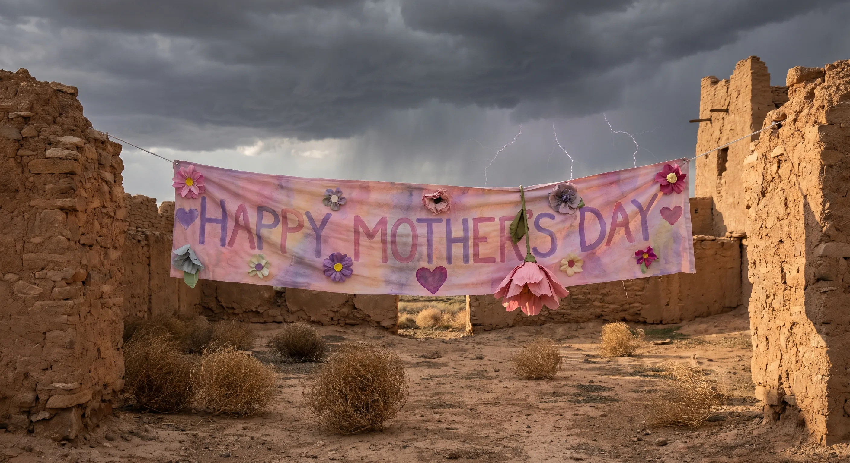 A pink Happy Mother's Day banner with paper flowers strung between ruined stone walls under a stormy sky with lightning in the distance.