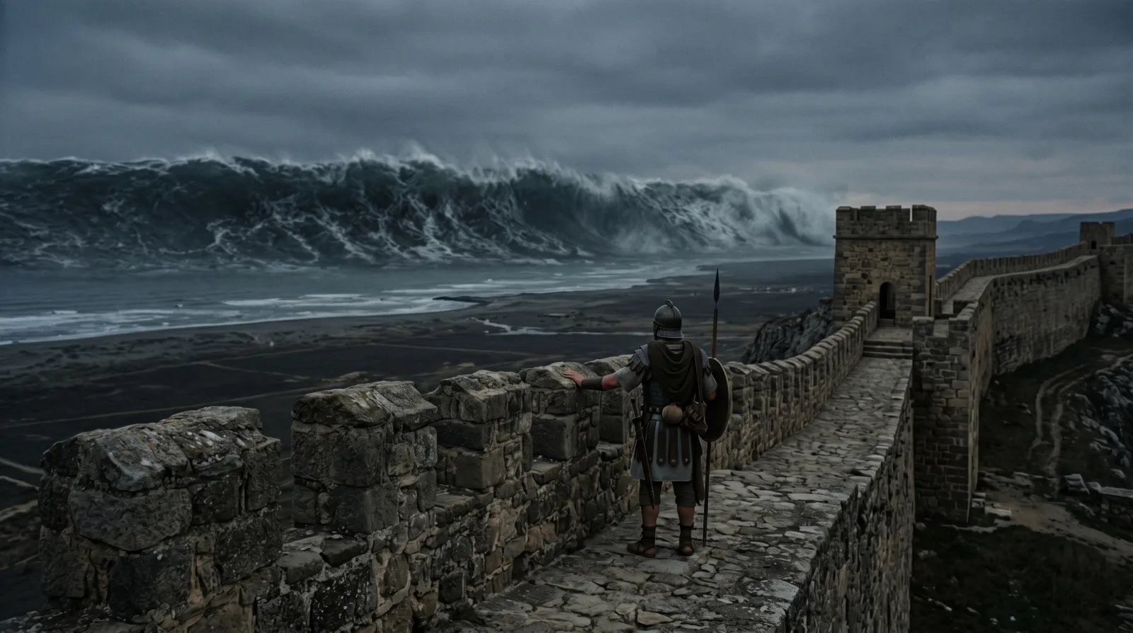 An ancient soldier in helmet and tunic stands watch on a weathered stone fortification wall as a massive tidal wave looms on the horizon under heavy storm clouds.