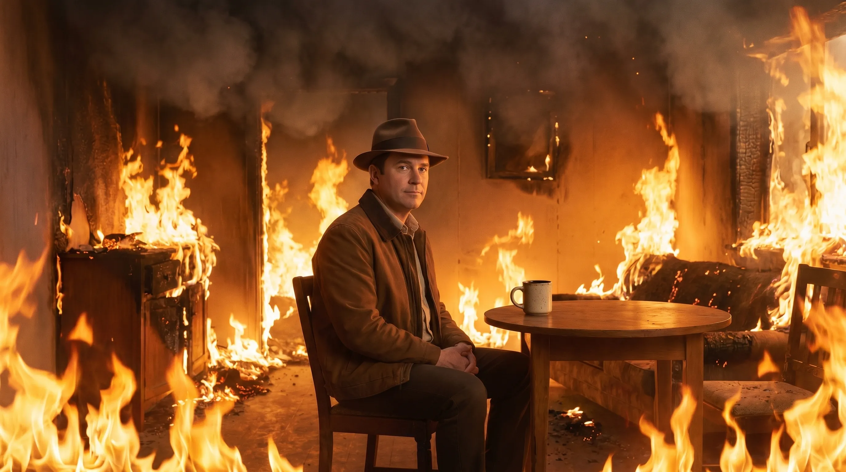 A man in a brown jacket and fedora sits calmly at a wooden table with a coffee mug as the room around him burns.