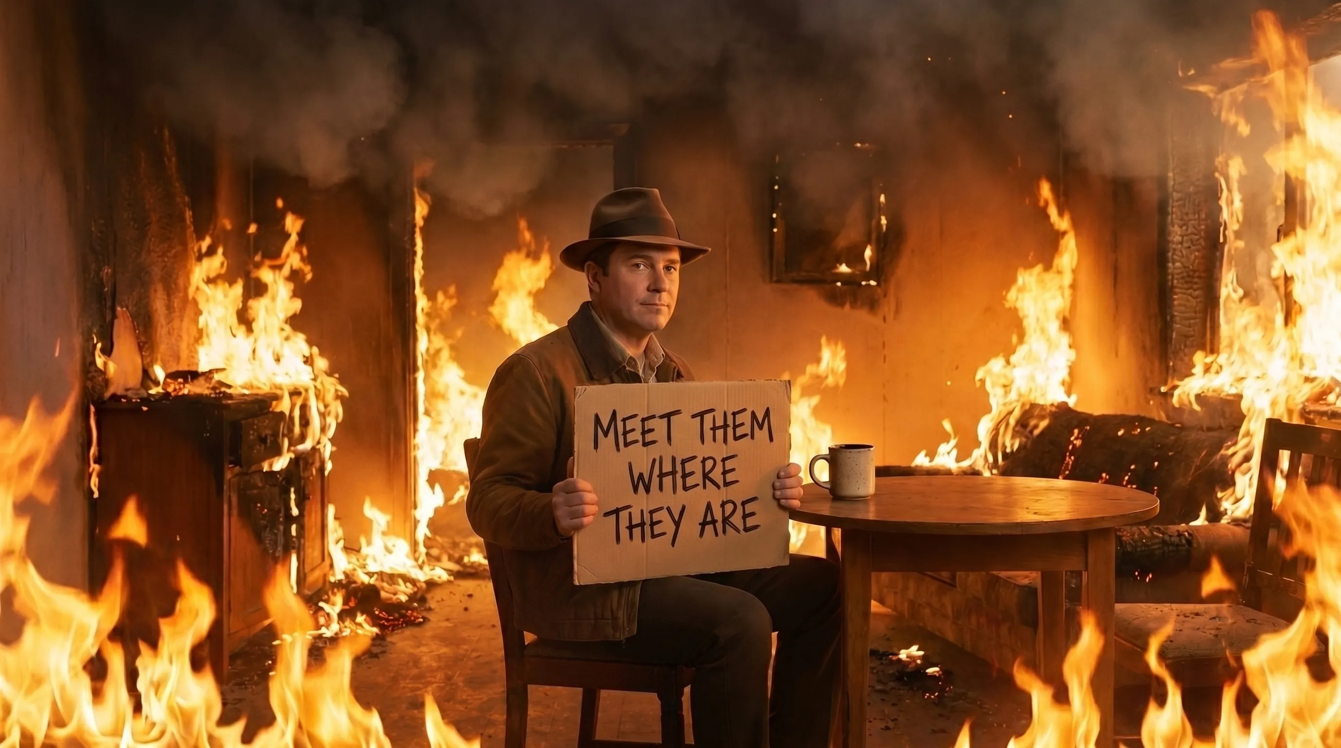 A man in a worn coat and fedora sits at a wooden table in a burning room holding a hand-lettered sign that reads MEET THEM WHERE THEY ARE.