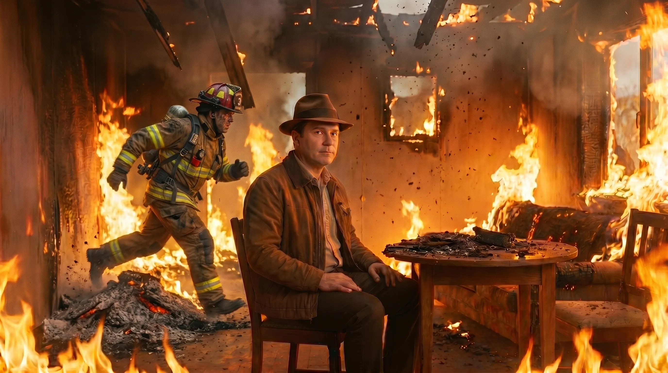 A man in a brown coat and fedora sits calmly at a wooden table while a firefighter in full gear runs past behind him through the burning room.