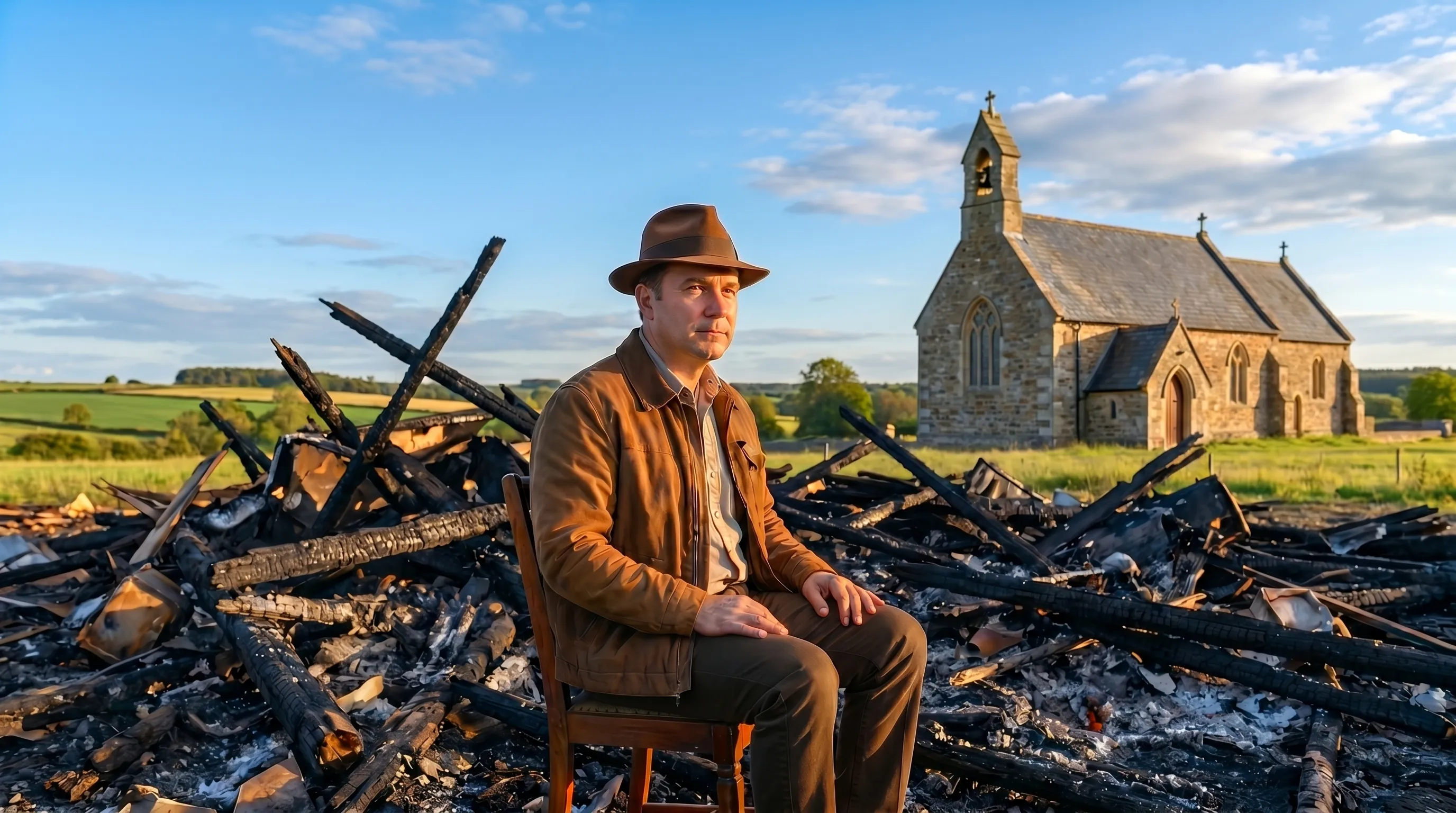 A man in a brown coat and fedora sits on a wooden chair atop the smoldering remains of a burnt structure, with a stone country church visible across green fields in the distance under a partly cloudy sky.