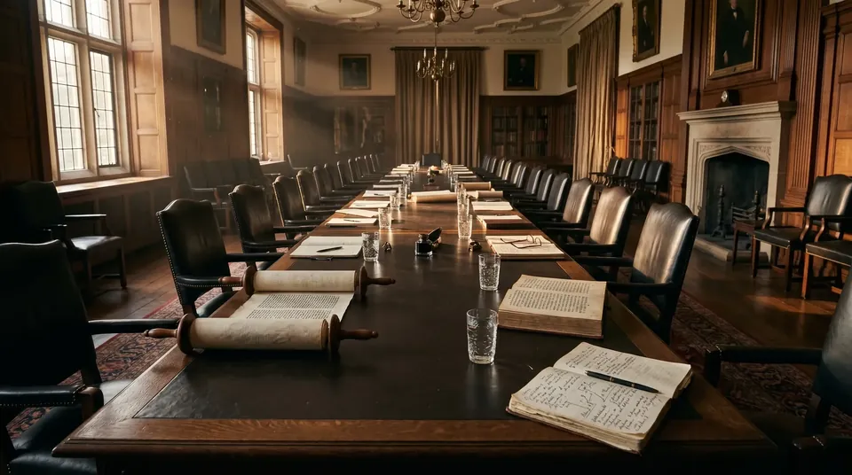 A wood-paneled committee room with a long table holding an open scroll, handwritten manuscripts, and glasses, lit by tall windows and a fireplace.