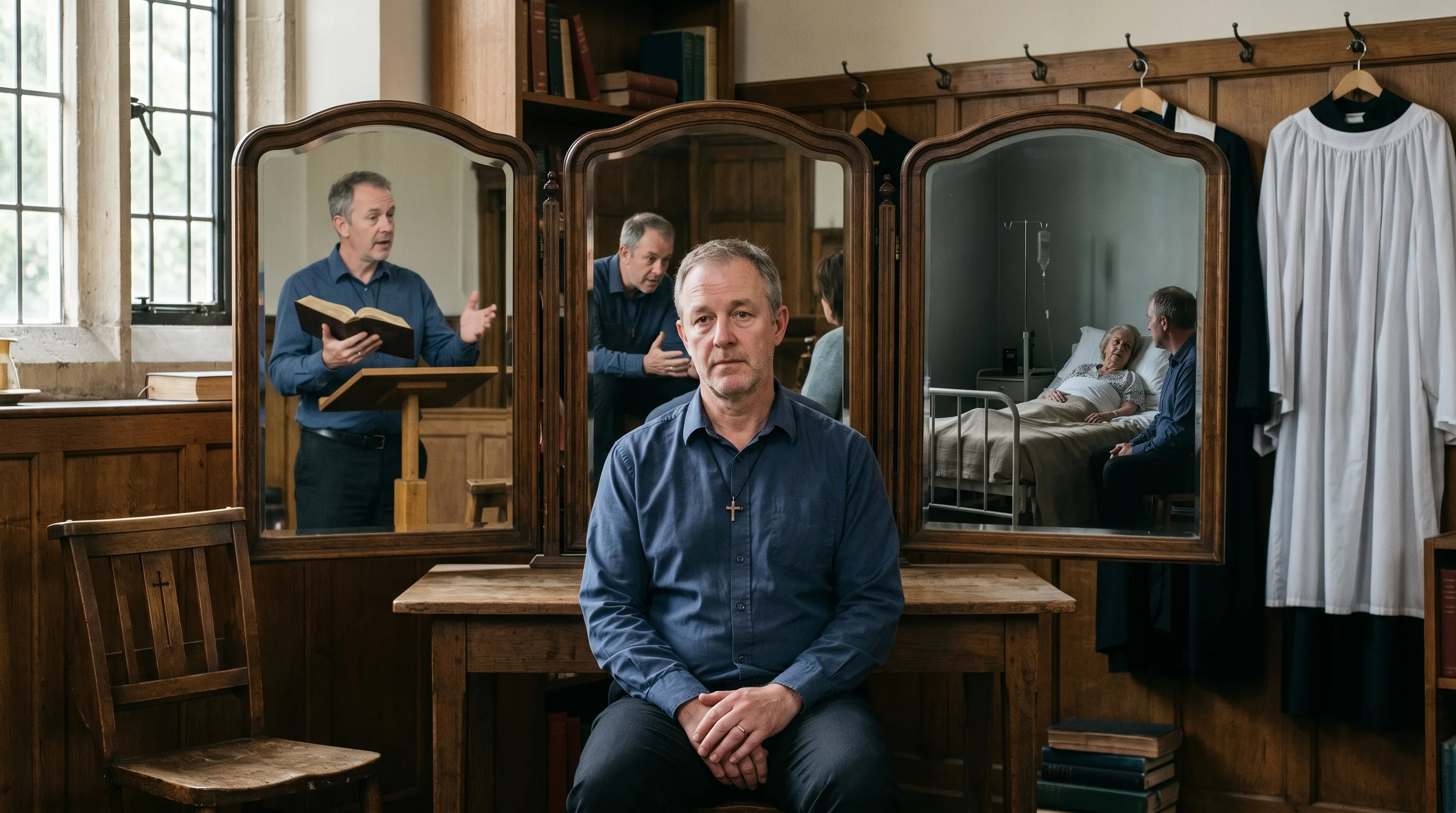 A minister sits in a vestry before a trifold mirror reflecting three scenes of his work — preaching from an open Bible, comforting a parishioner, and sitting with an elderly person in a hospital bed — while a white surplice hangs on the wall behind him.