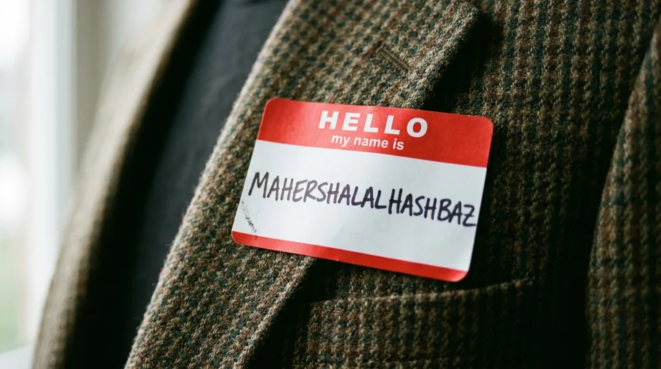 A red "HELLO my name is" sticker reading MAHERSHALALHASHBAZ in handwritten capitals, pinned to the lapel of a brown tweed jacket.