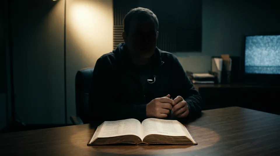 A man sits in a dim room, hands clasped, an open Bible turned to Psalms lit on the table in front of him.