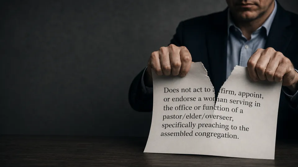 A man in a dark suit tears in half a printed sheet bearing a carefully worded clause limiting the office of pastor, elder, or overseer to preaching before the assembled congregation.