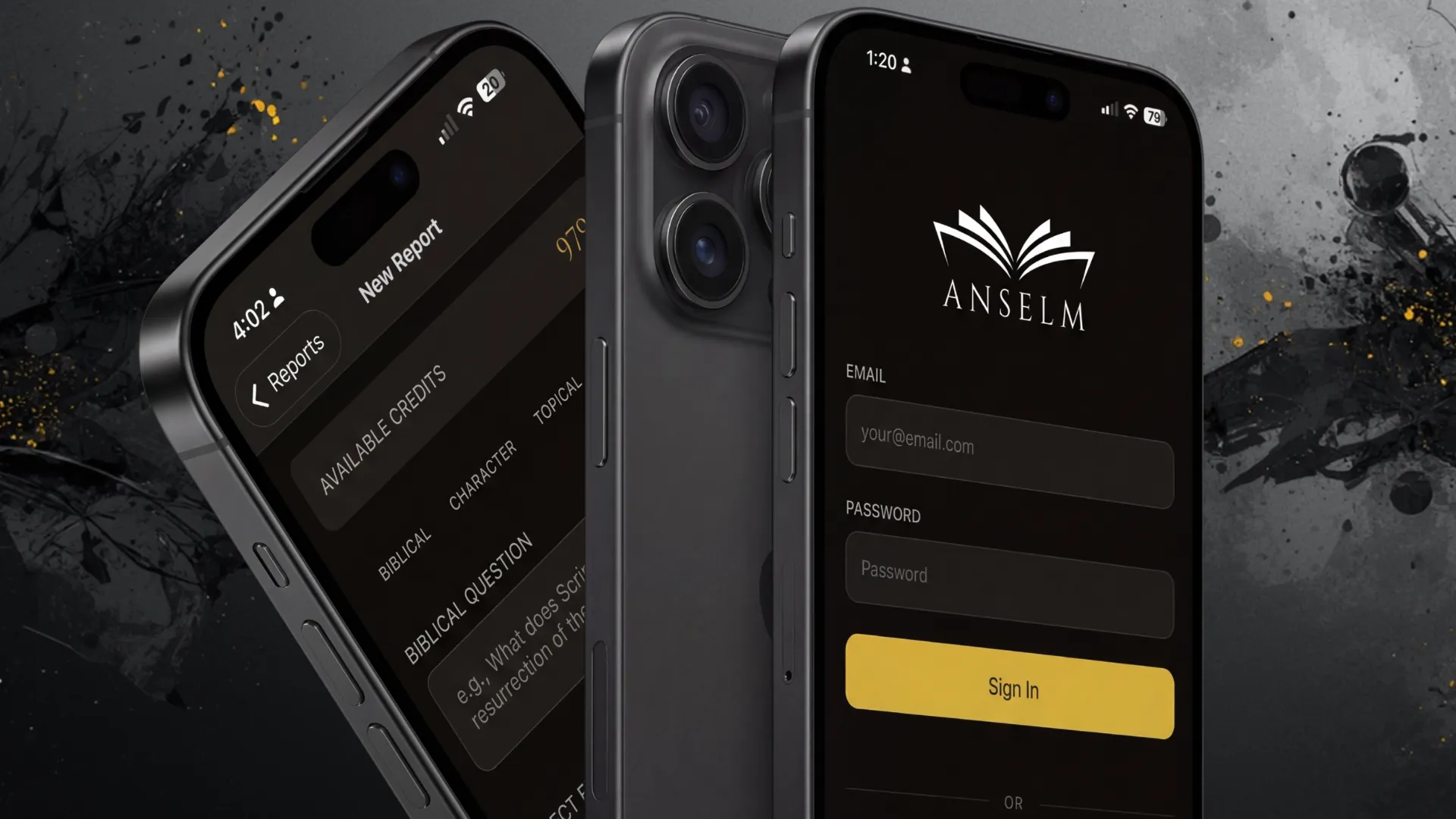 Two iPhones on a dark textured background showing the Anselm app sign-in screen and new report creation screen