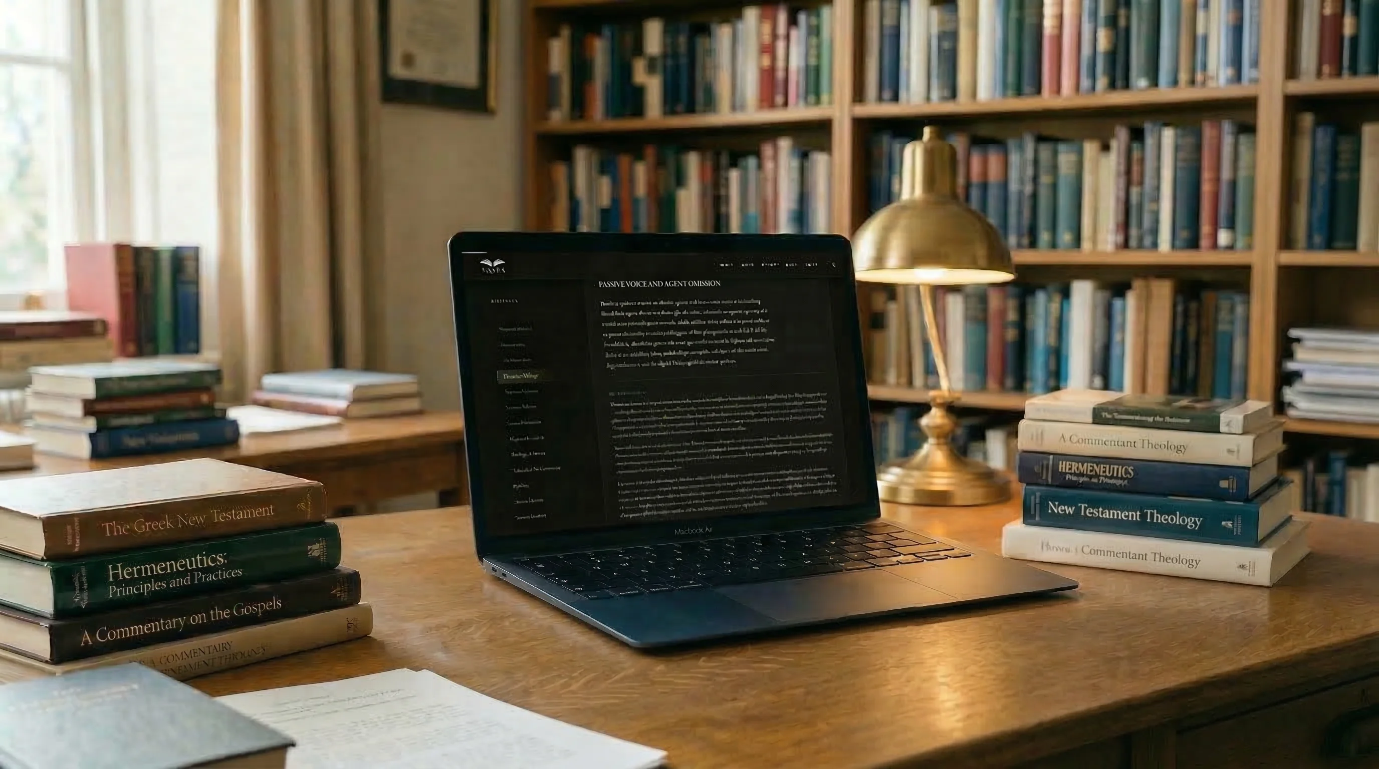 A laptop on a wooden desk displaying an Anselm Project report with teal critical reading annotations, surrounded by theology and hermeneutics books with a brass desk lamp