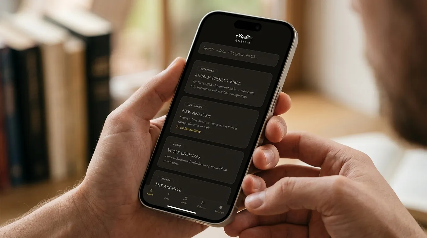 Two hands hold an iPhone showing the Anselm app dark dashboard with cards: Anselm Project Bible, New Analysis, Voice Lectures