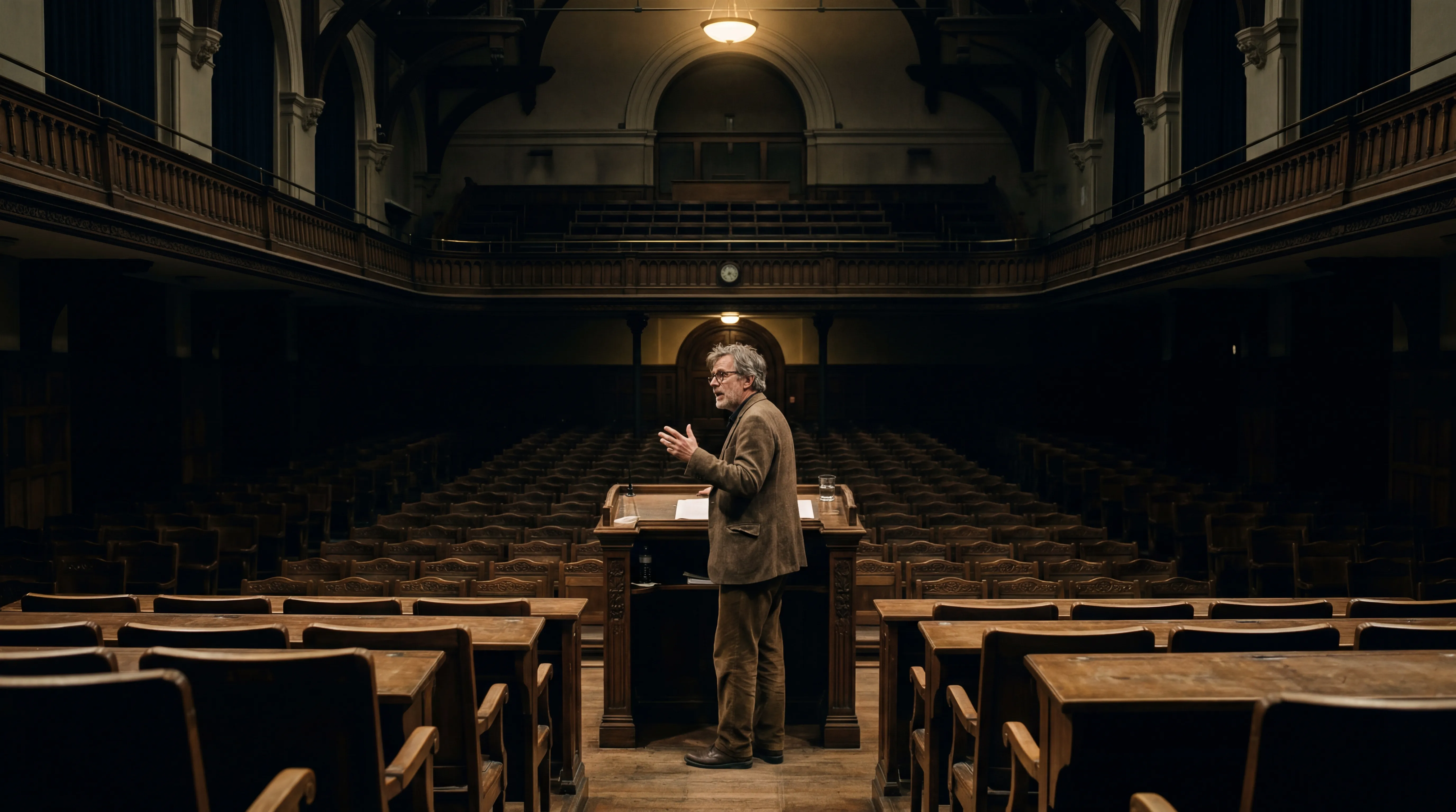 A man standing alone at a lectern in a dimly lit, empty lecture hall with rows of wooden seats.